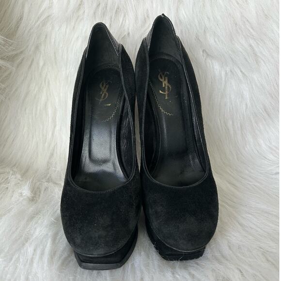 YSL Yves Saint Laurent Tribute Black Suede Purple Platform Pumps Size 38 7.5 - Picture 2 of 9